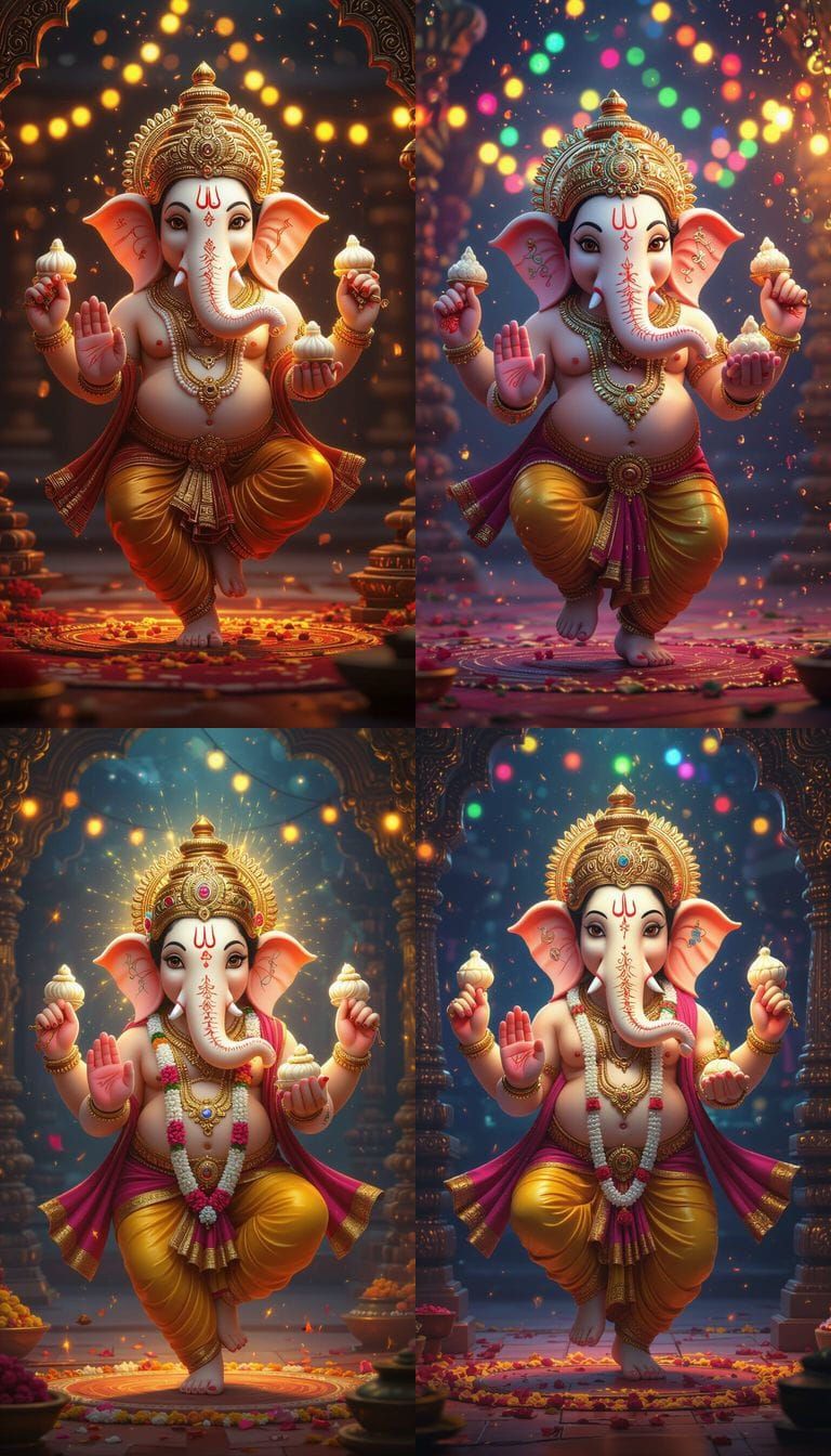 Lord Ganesha Dancing Joyfully with Modaks, Ultra Realistic