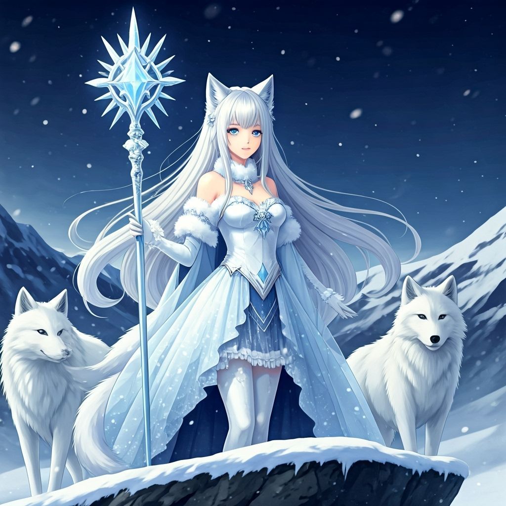 Anime Ice Wolf Girl with Wolves in Blizzard