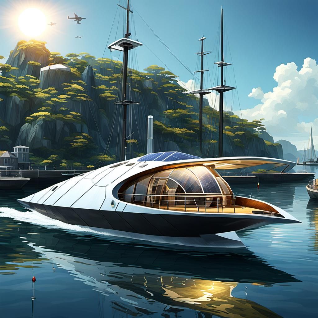 Solarpunk Sloop in Futuristic Harbor