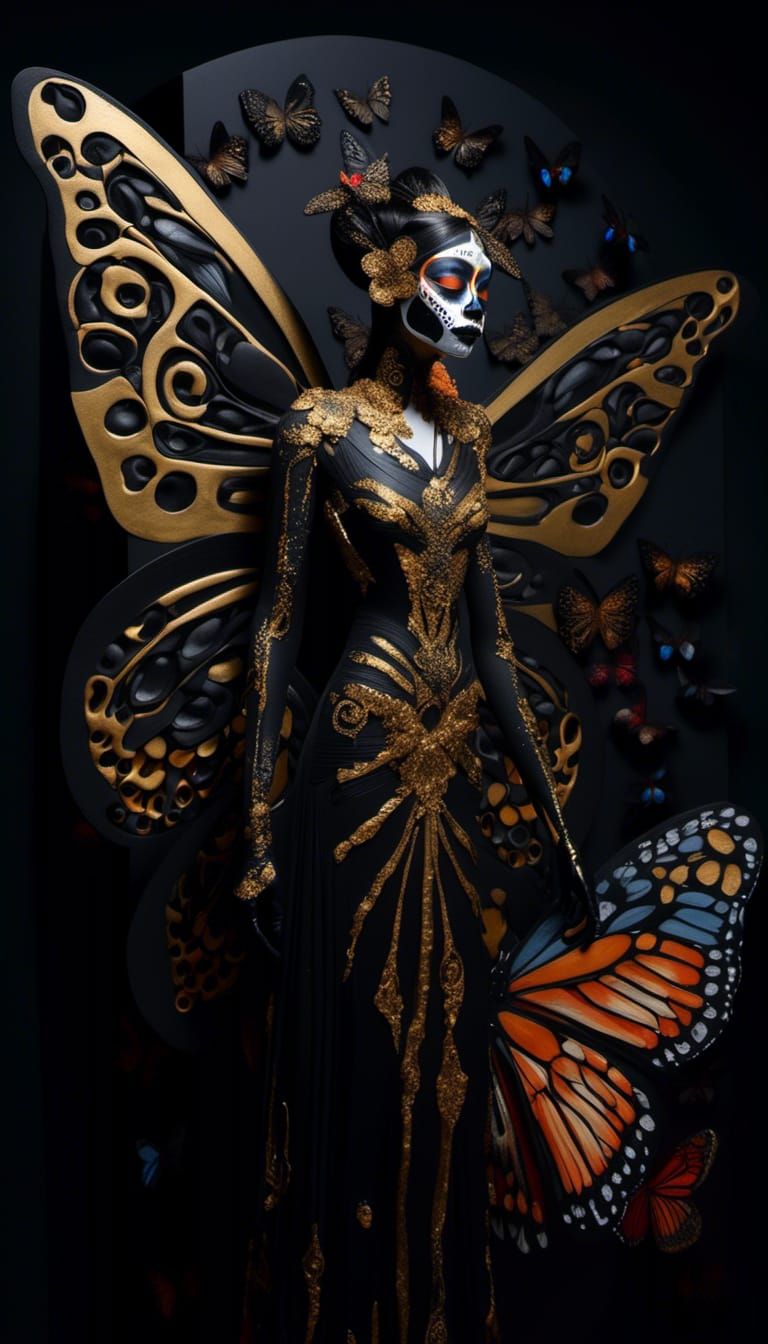 Obsidian Butterfly Goddess in Cubist Aztec Painting