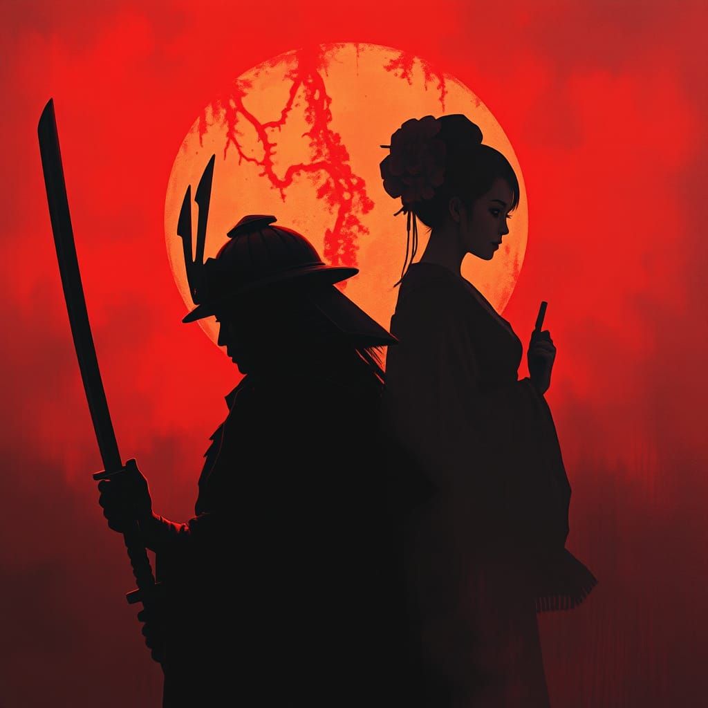 a Samurai warrior and a Geisha silhouetted face against a red summer sky, casting shadows, cinematic, poster art, painte...