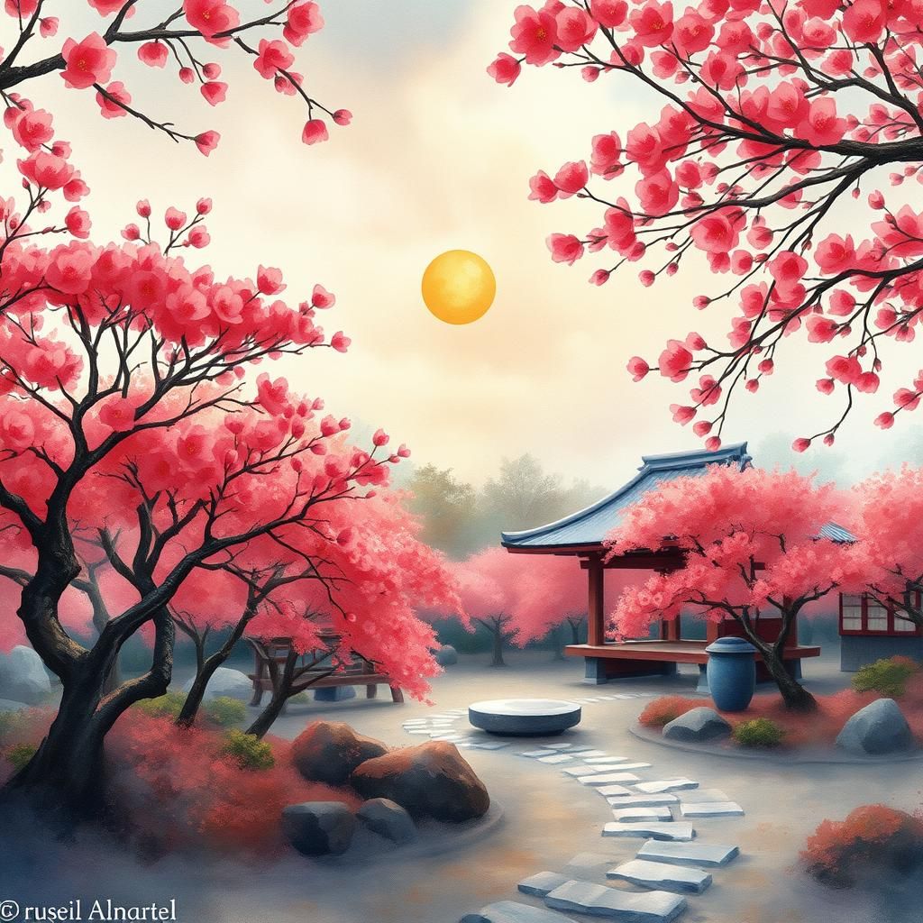Zen Garden Cherry Blossoms in Watercolor Style