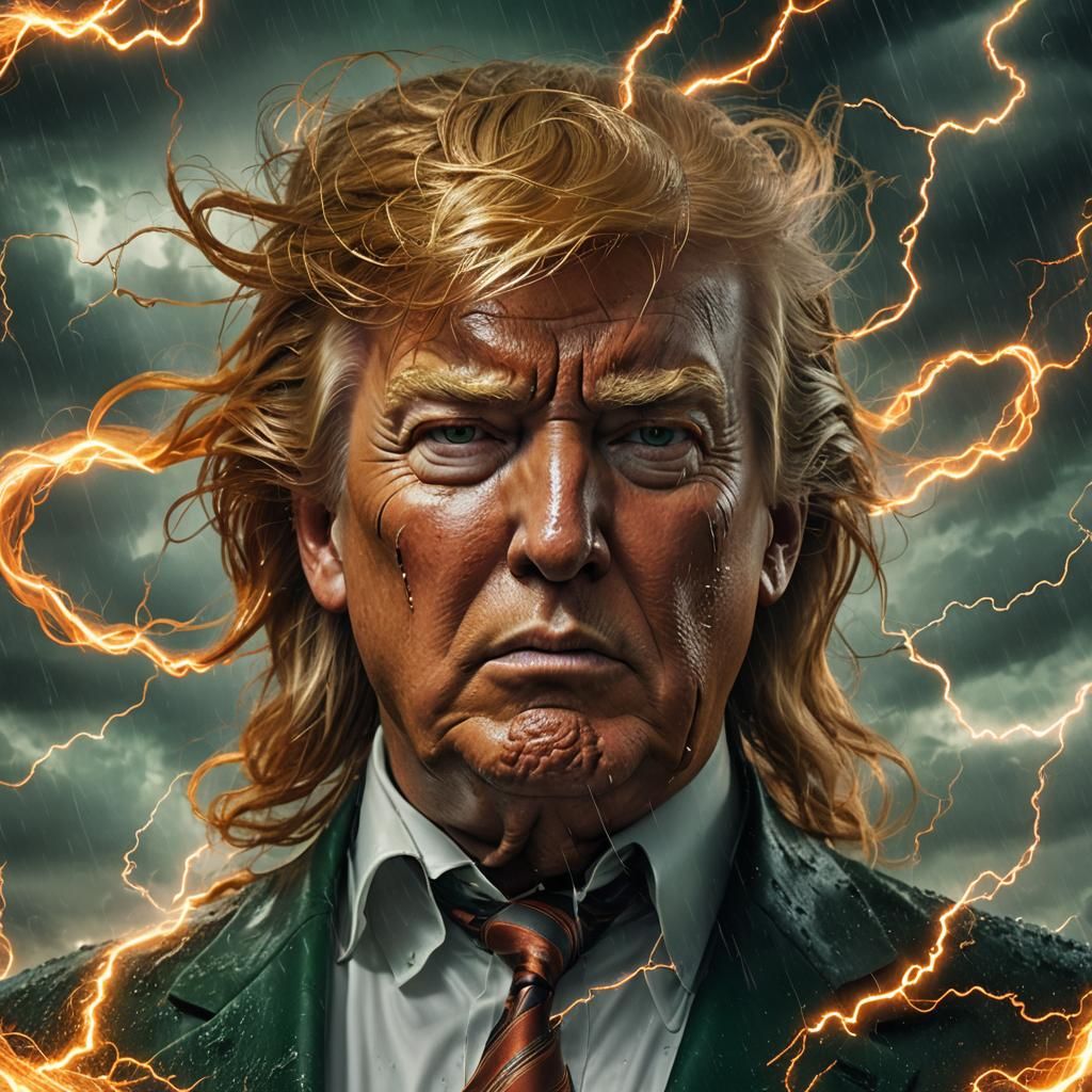 Frenzied Face in Emerald and Orange Storm