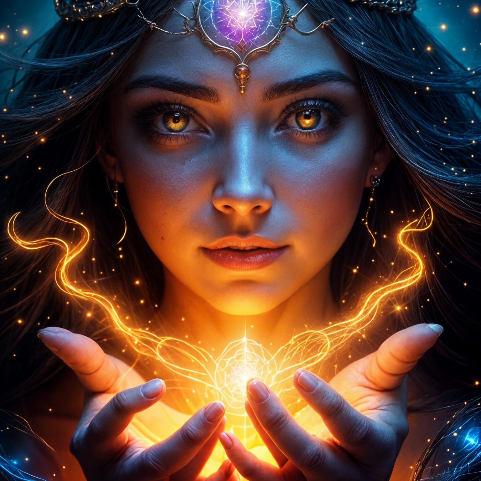 Spellcaster's Face with Arcane Energy and Runes