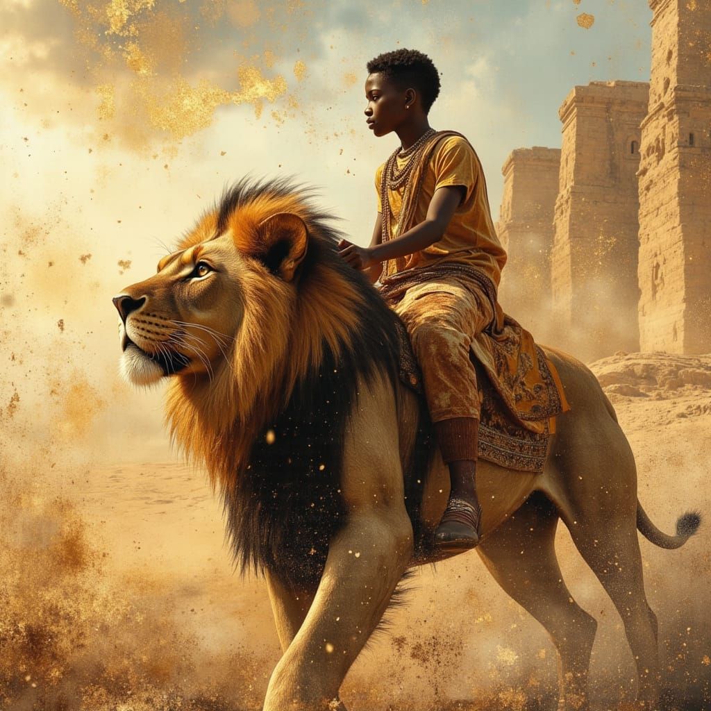 Egyptian Prince Rides Lion in Divine Oil Painting