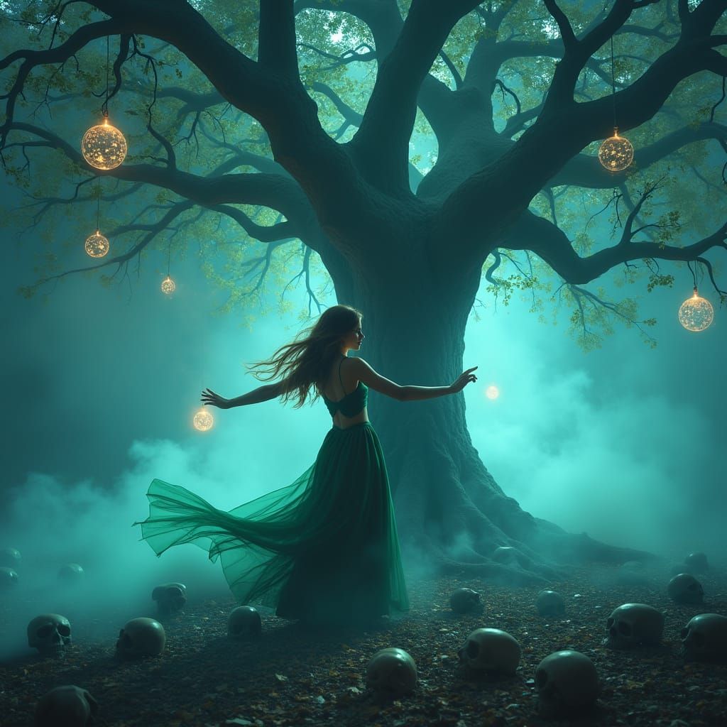 Enchanted Tree Goddess Dances Amidst Celestial Magic