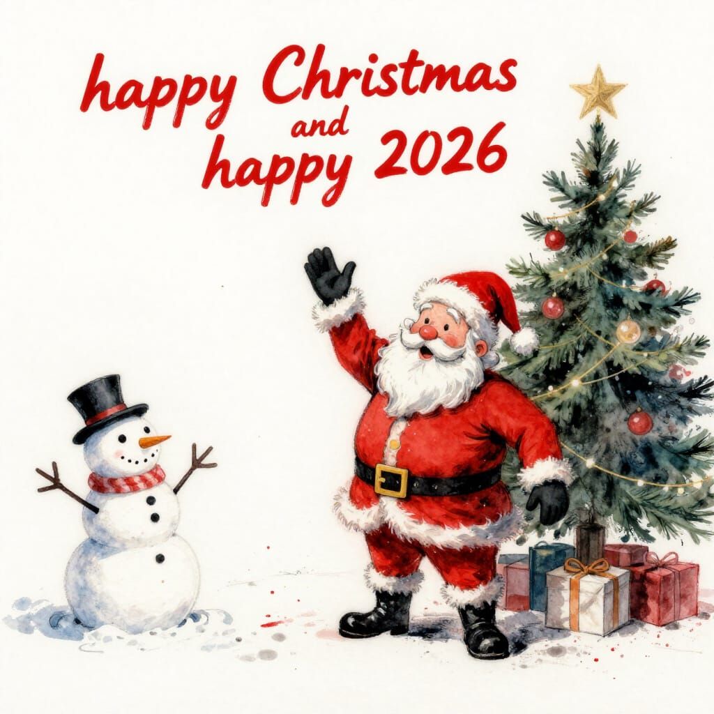 Father Christmas Waving by Snowy Tree as Watercolour Sketch