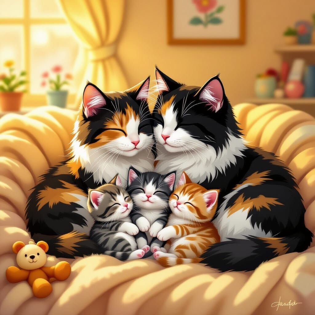 Calico Cats and Kittens in Whimsical Digital Painting