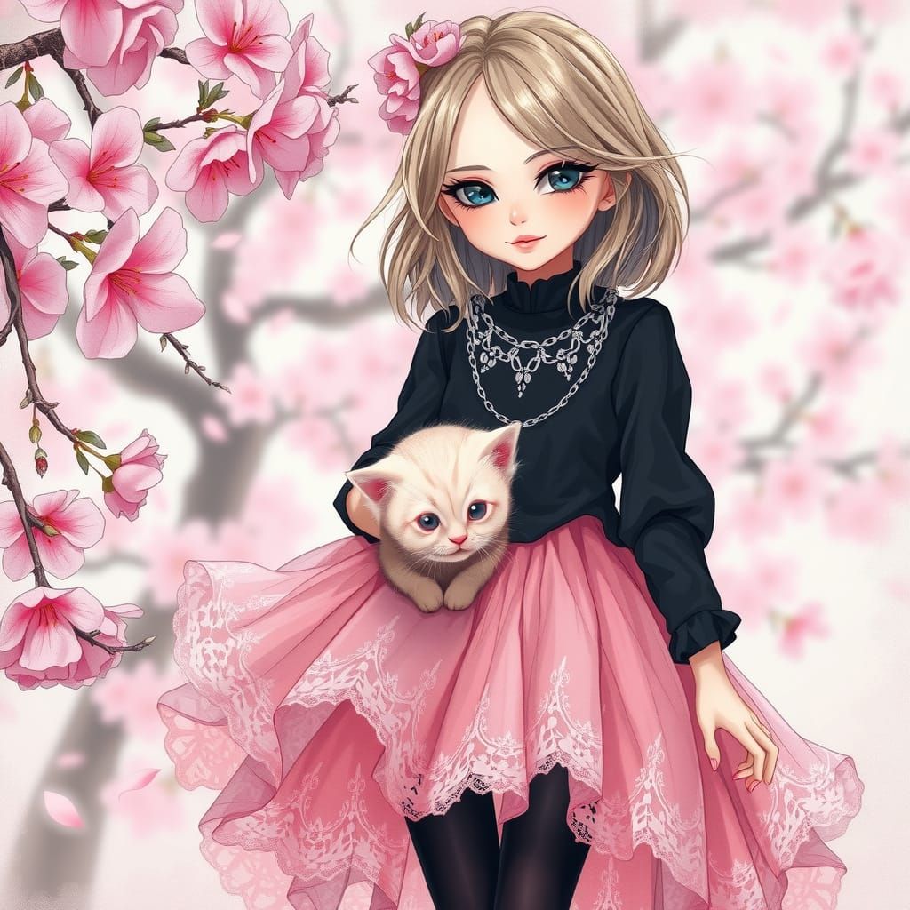 Whimsical Cherry Blossom Dream in Gothic Manga Style