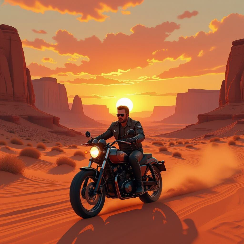Biker in Desert Canyon Sunset: Retro-Futuristic Style