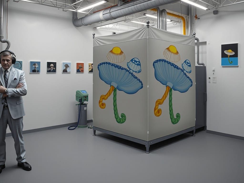 Surreal Art Deco Flag Sculpture with Mushroom Motifs in Indu...