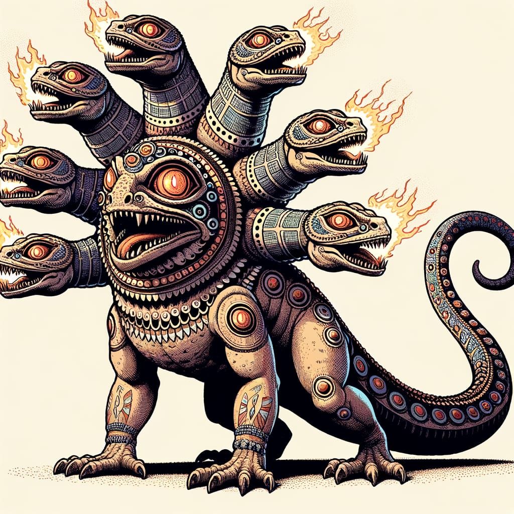 Mythical Seven-Headed Lizard-Dog Projecting Fire