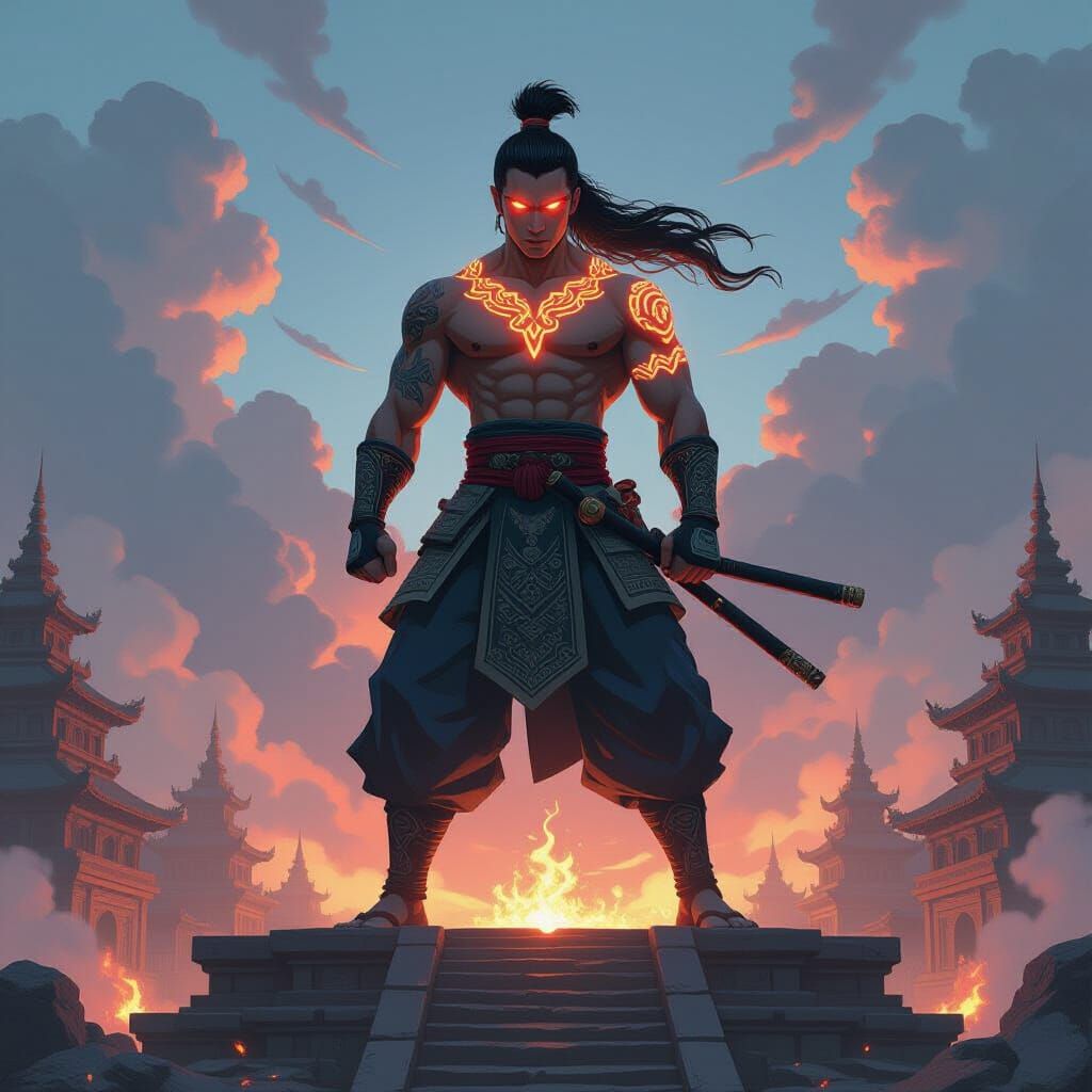 Muay Thai Warrior on Ziggurat in Anime Style