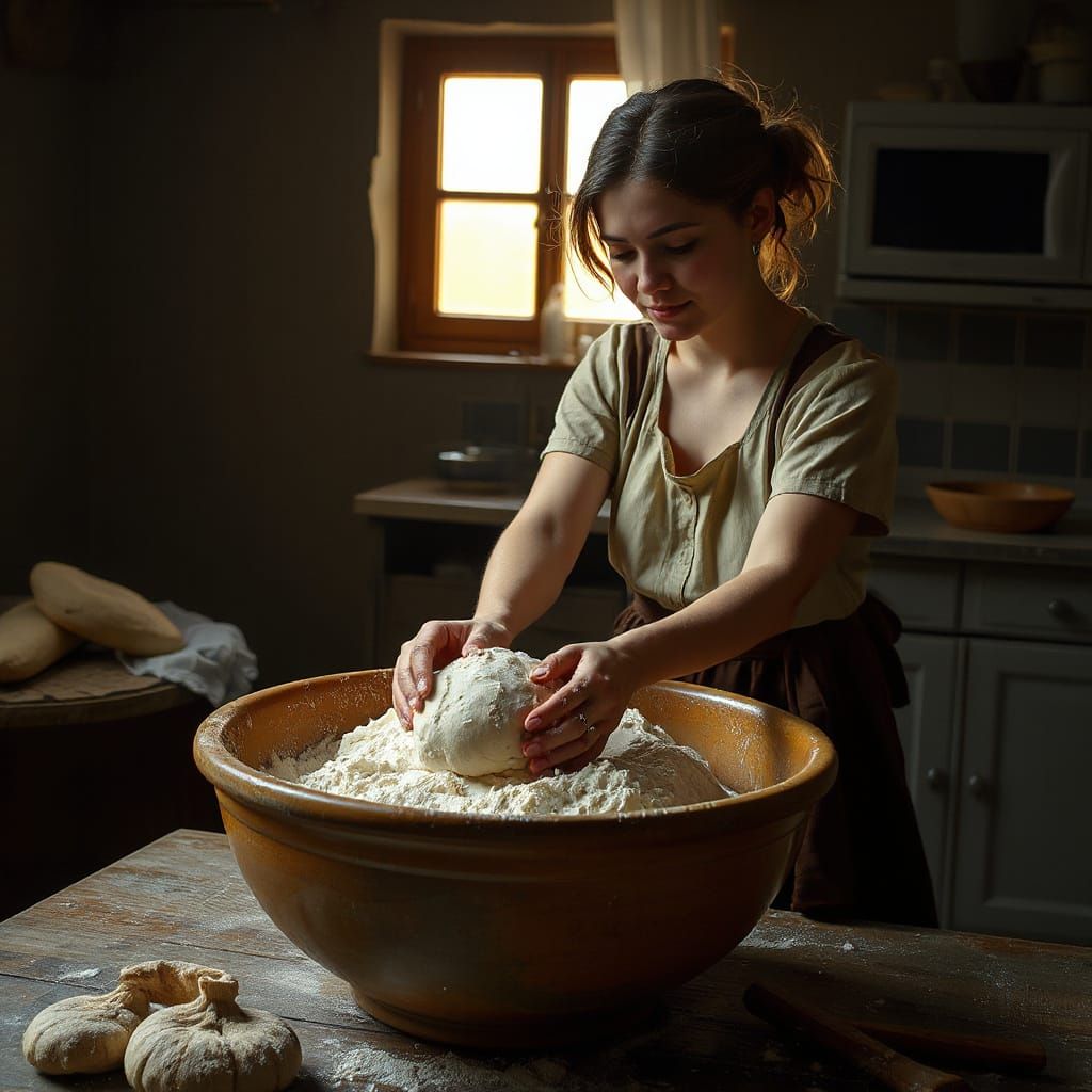 Surreal Hyperrealistic Scene of Armless Woman Kneading Dough...