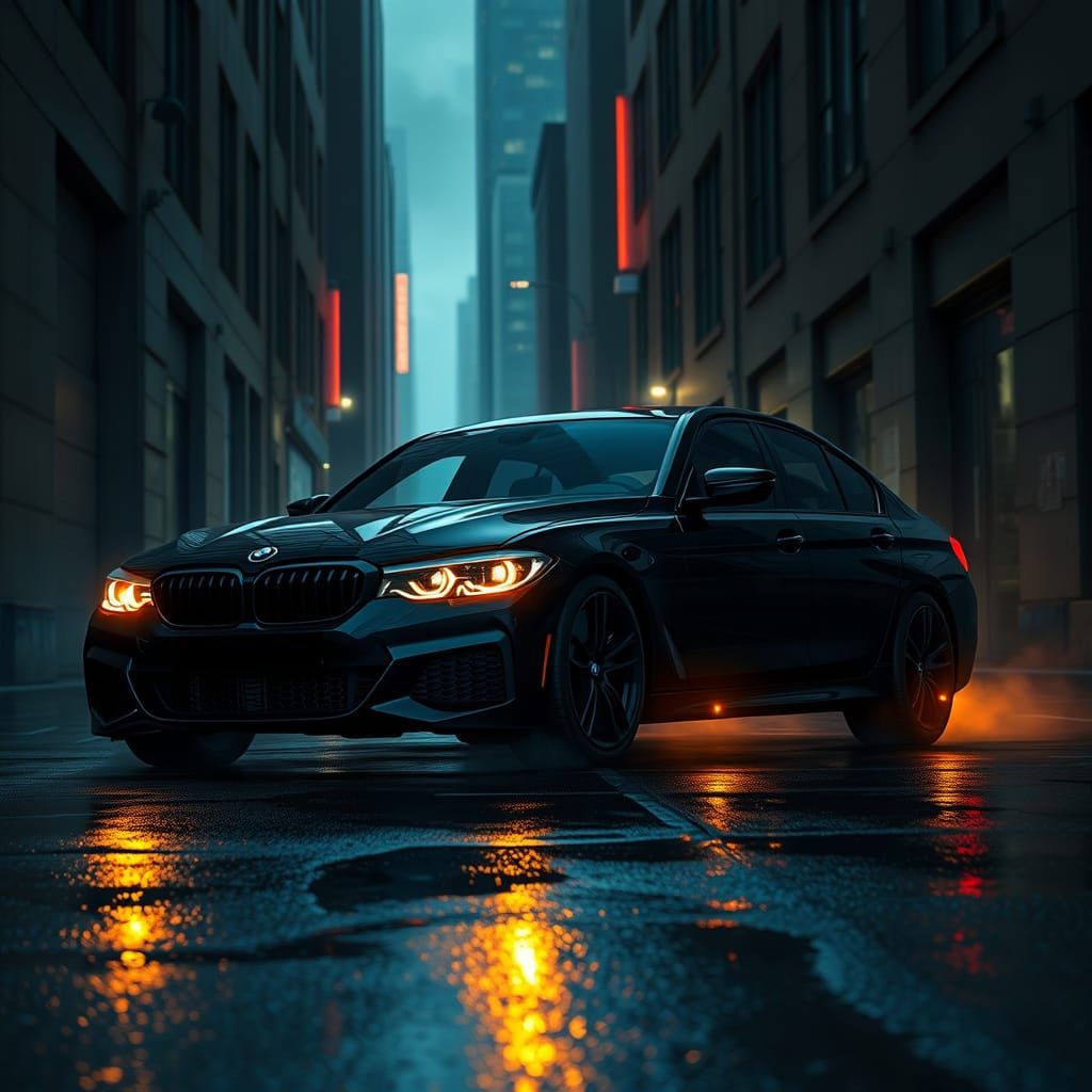 Sleek Futuristic BMW in Neon Noir Alleyway