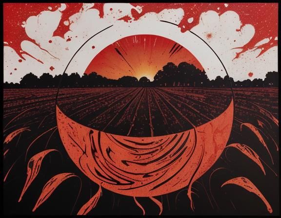 Solar Eclipse Over Cornfield in Linocut Style