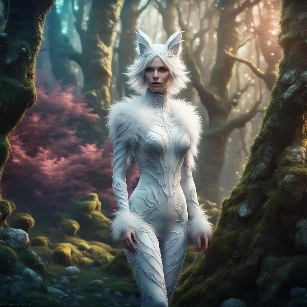 Fairy Forest: Woman in White Furry Catsuit
