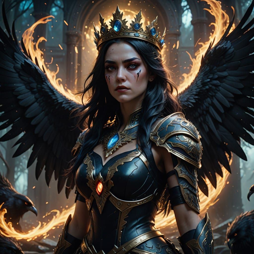 Ethereal Queen of Ravens in Golden Aurora Majesty