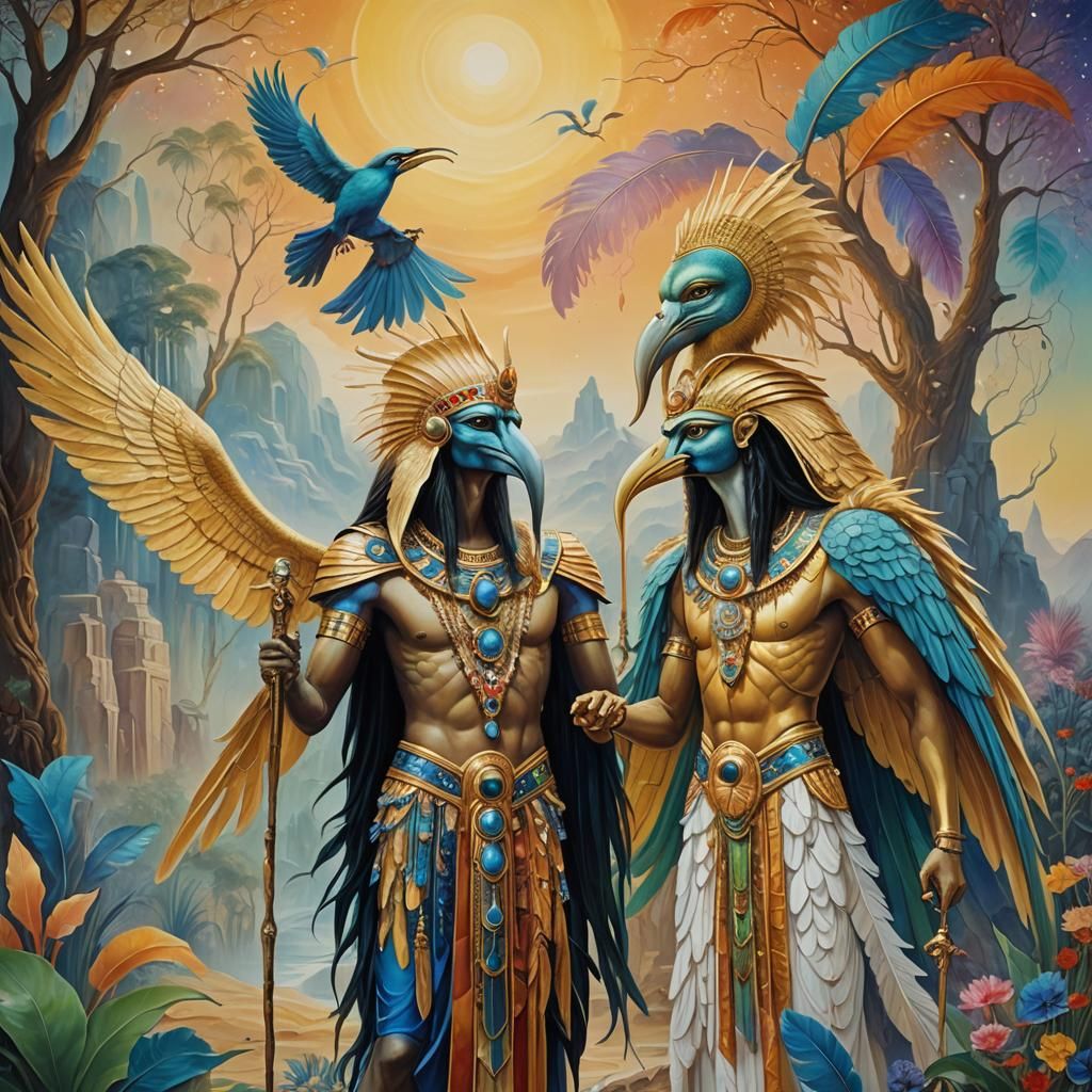 Thoth and Aphaia in Surreal Dreamscape