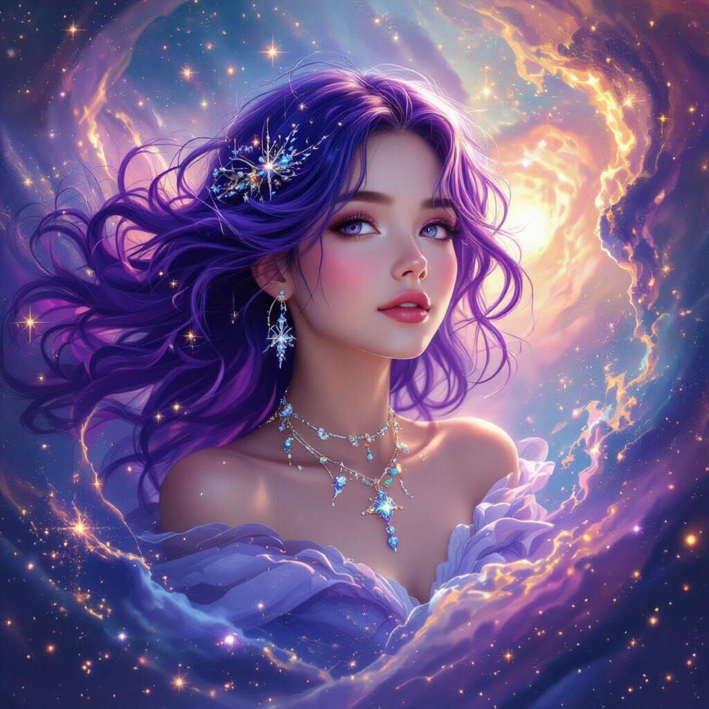 Cosmic Girl with Purple Hair in Nebula