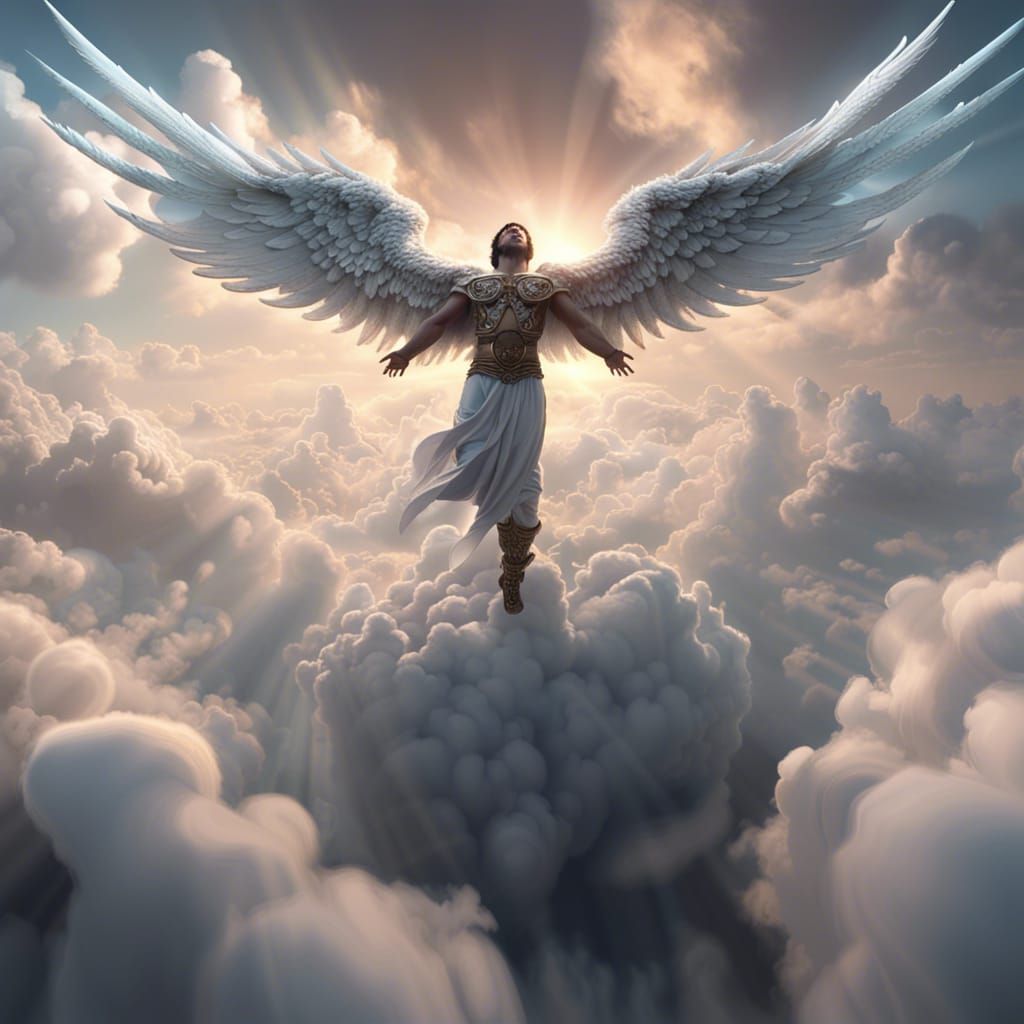 Majestic Angel Ascending Above Clouds, Dark Fantasy Art