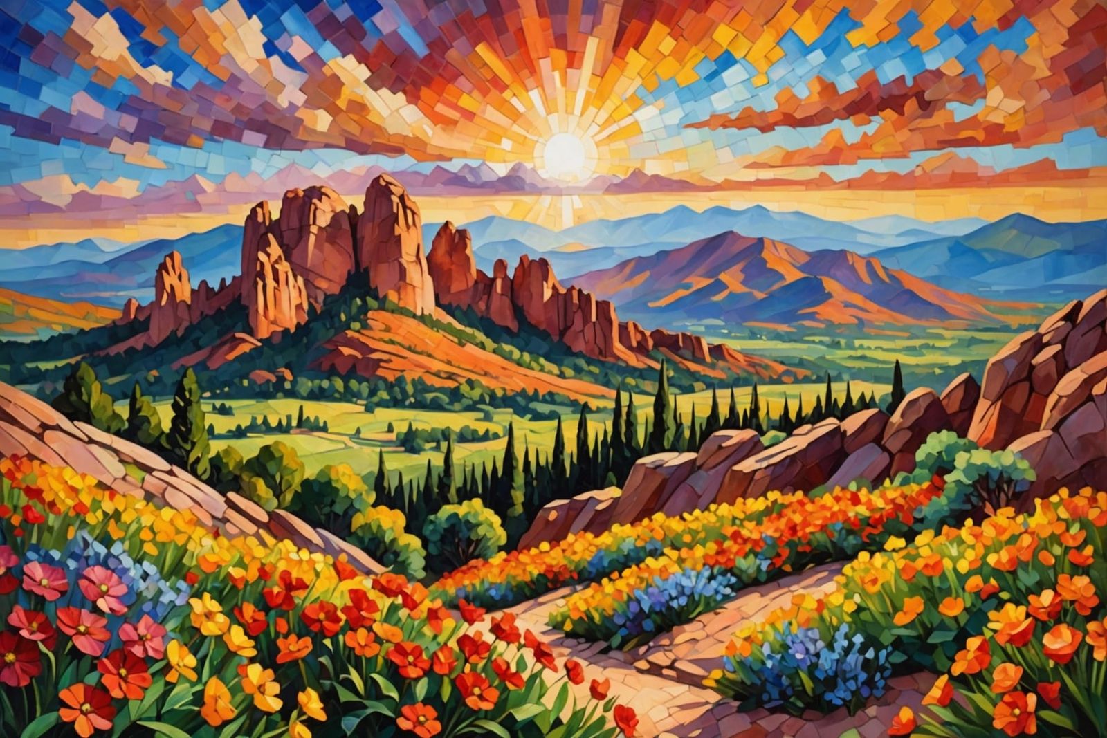 Pikes Peak and Garden of the Gods in Mosaic Style