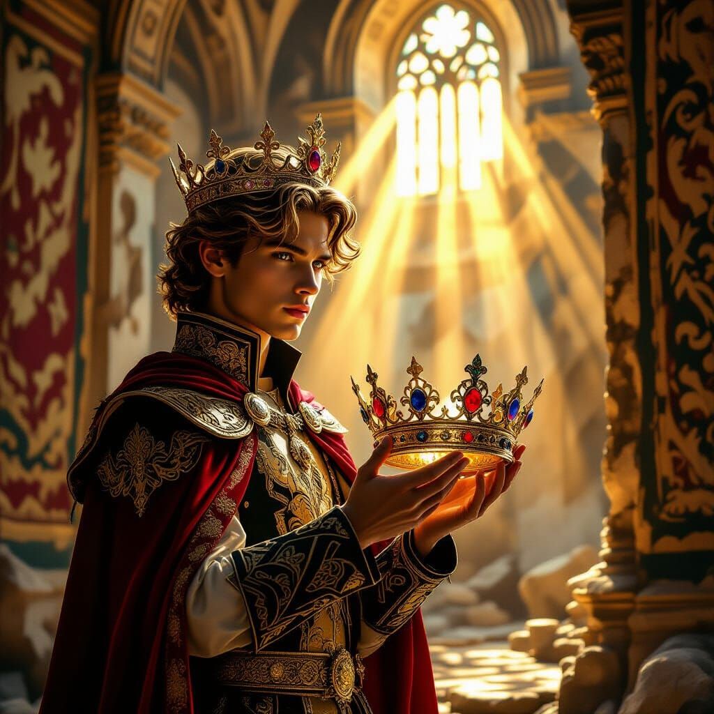 Young Prince Holds Ancient Crown in Golden Palace Light