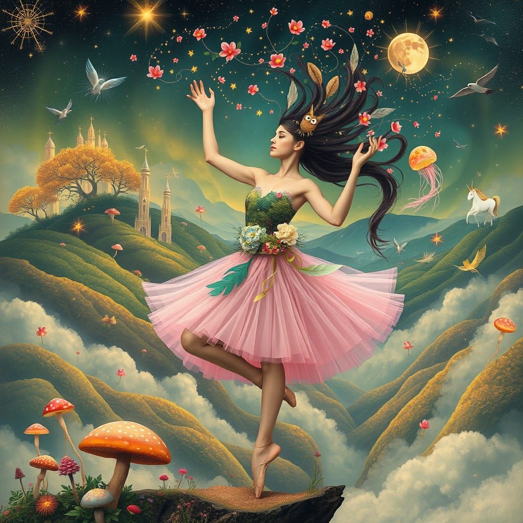 Ballerina in a Surreal Dreamscape with Mythical Creatures