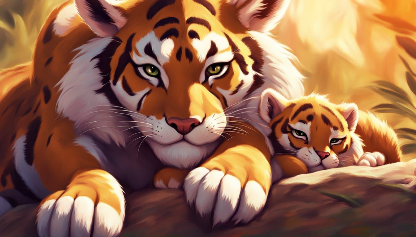 Sabertooth Tiger and Cub in Kawaii Style
