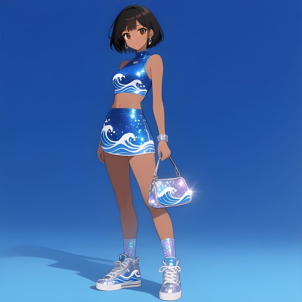 Anime Woman in Sparkly Blue Wave Outfit