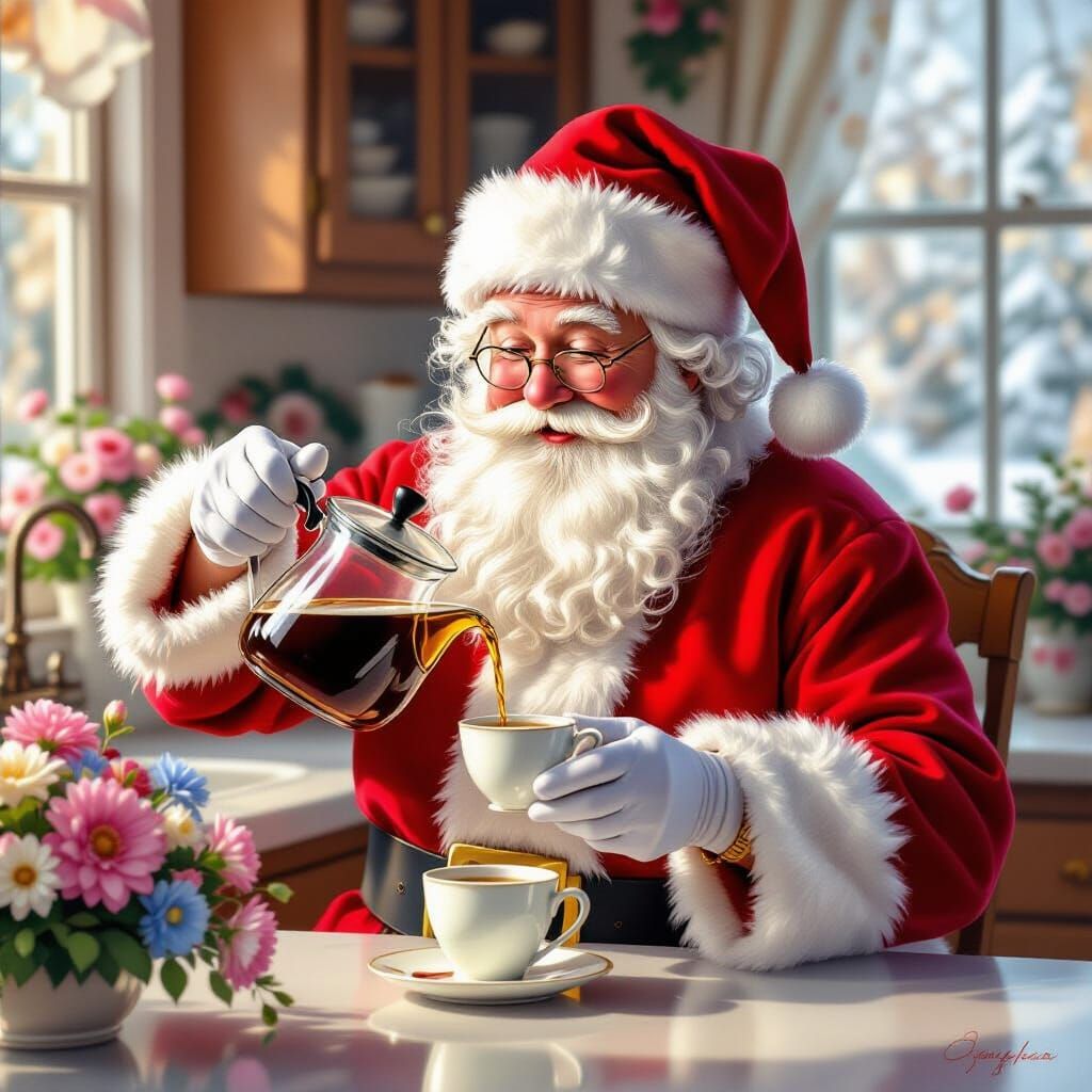 Santa Claus Pours Coffee in Whimsical Kitchen Oil Painting