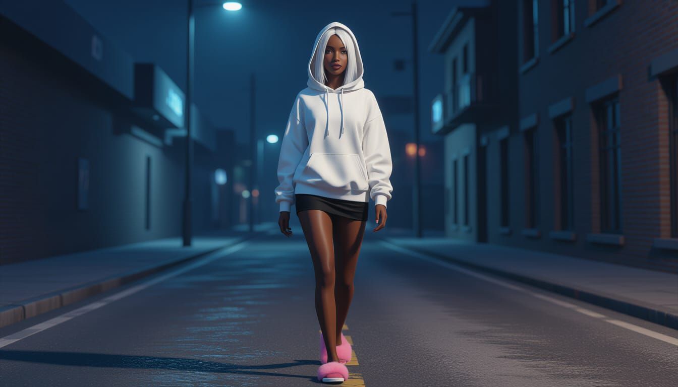 Animated Style Portrait of African Woman on Night Street