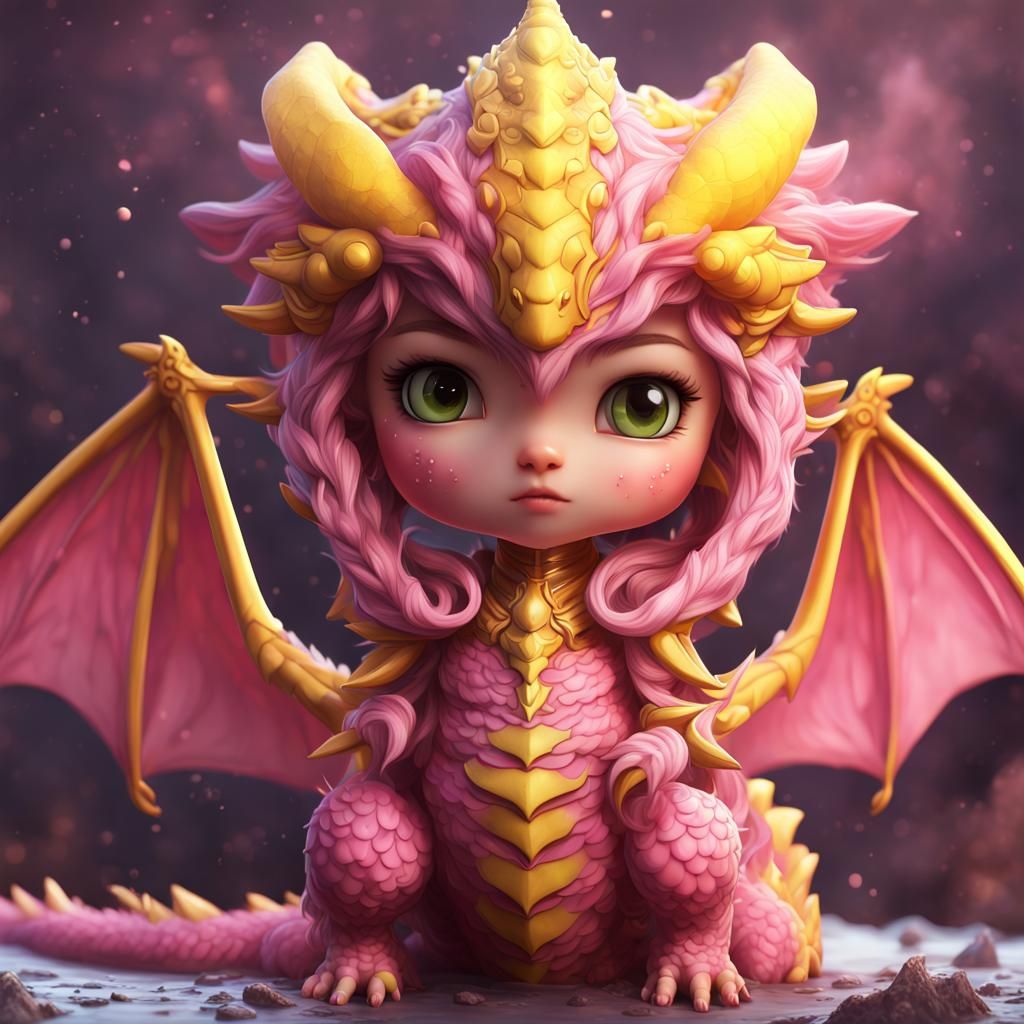 Hyperrealistic Chibi Dragon Goddess in Pink and Yellow