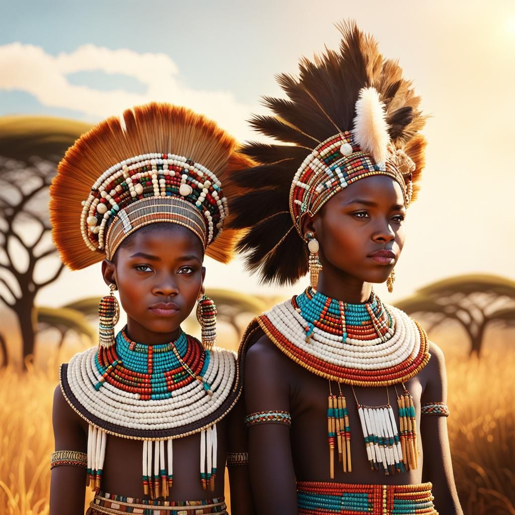 Zulu Children in Traditional Clothes: Impressionist Illustra...