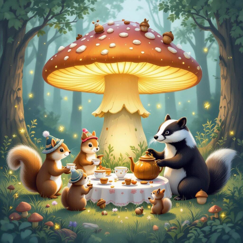 Woodland Creatures Tea Party Under Glowing Mushroom