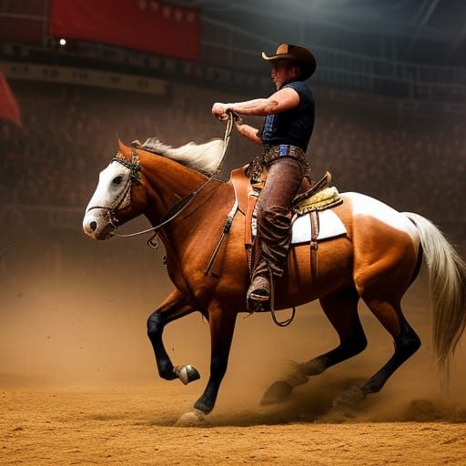 realistic Rodeo Cowboy in a rodeo riding a bucking bronco ho...
