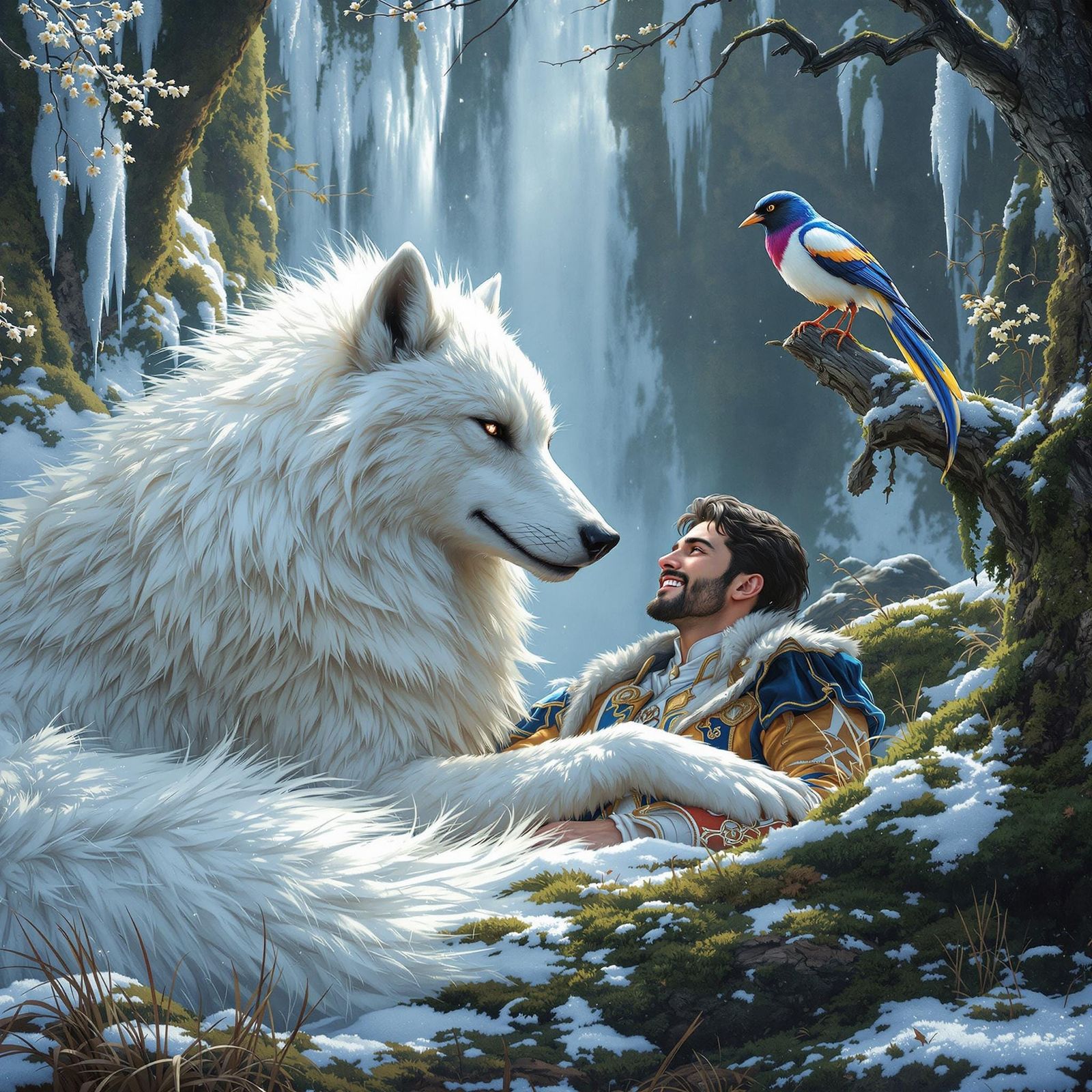 Majestic Wolf and Prince in Springtime Serenity