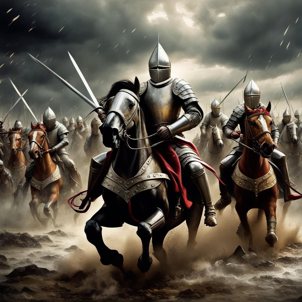 Knights Charge into Battle Under Stormy Sky