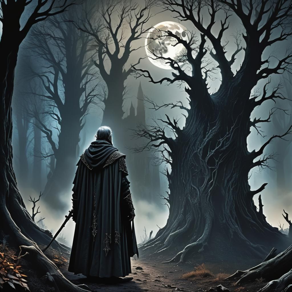 Medieval Inquisitor in Dark Fantasy Forest