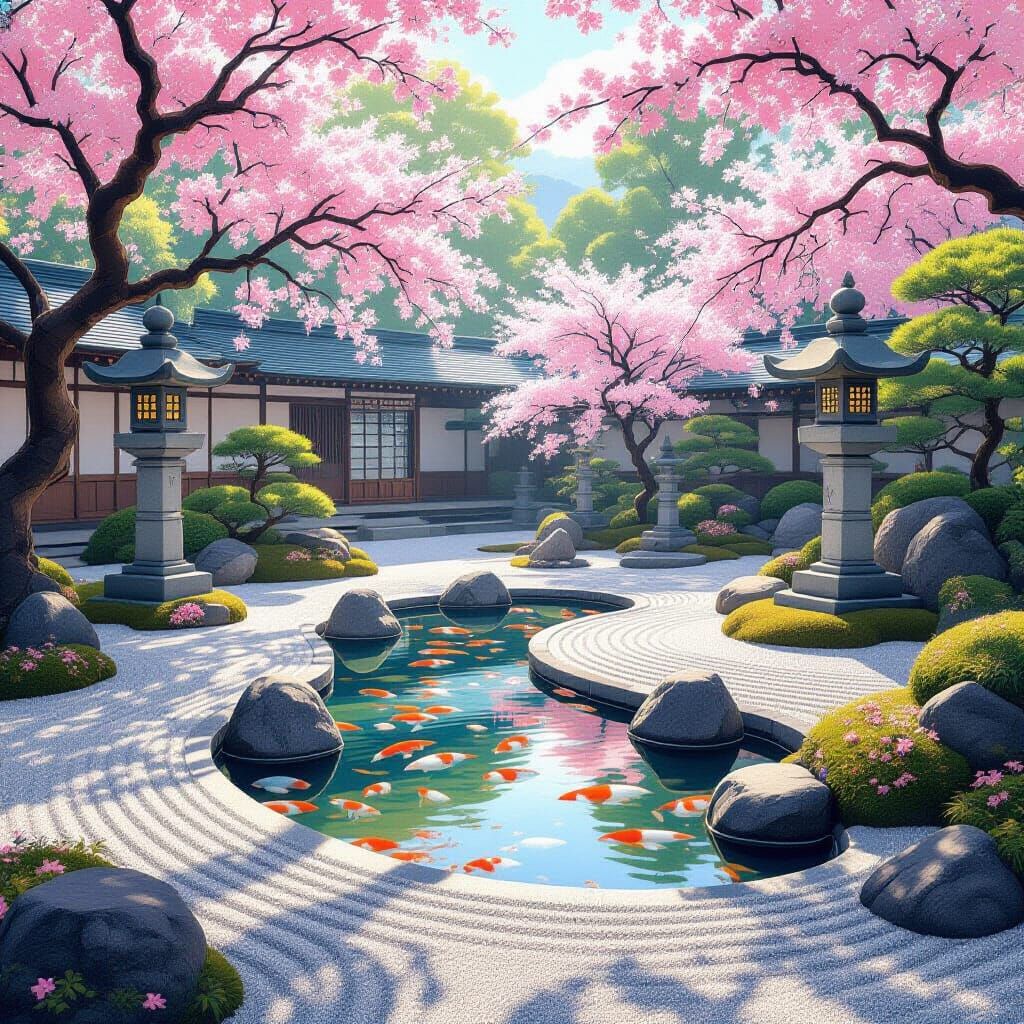 Zen Garden With Koi Pond and Cherry Blossoms