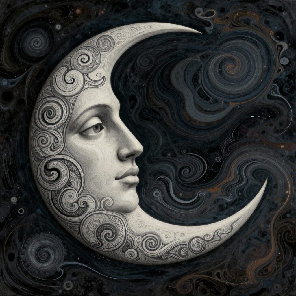Crescent Moon Face with Abstract Cosmic Swirls