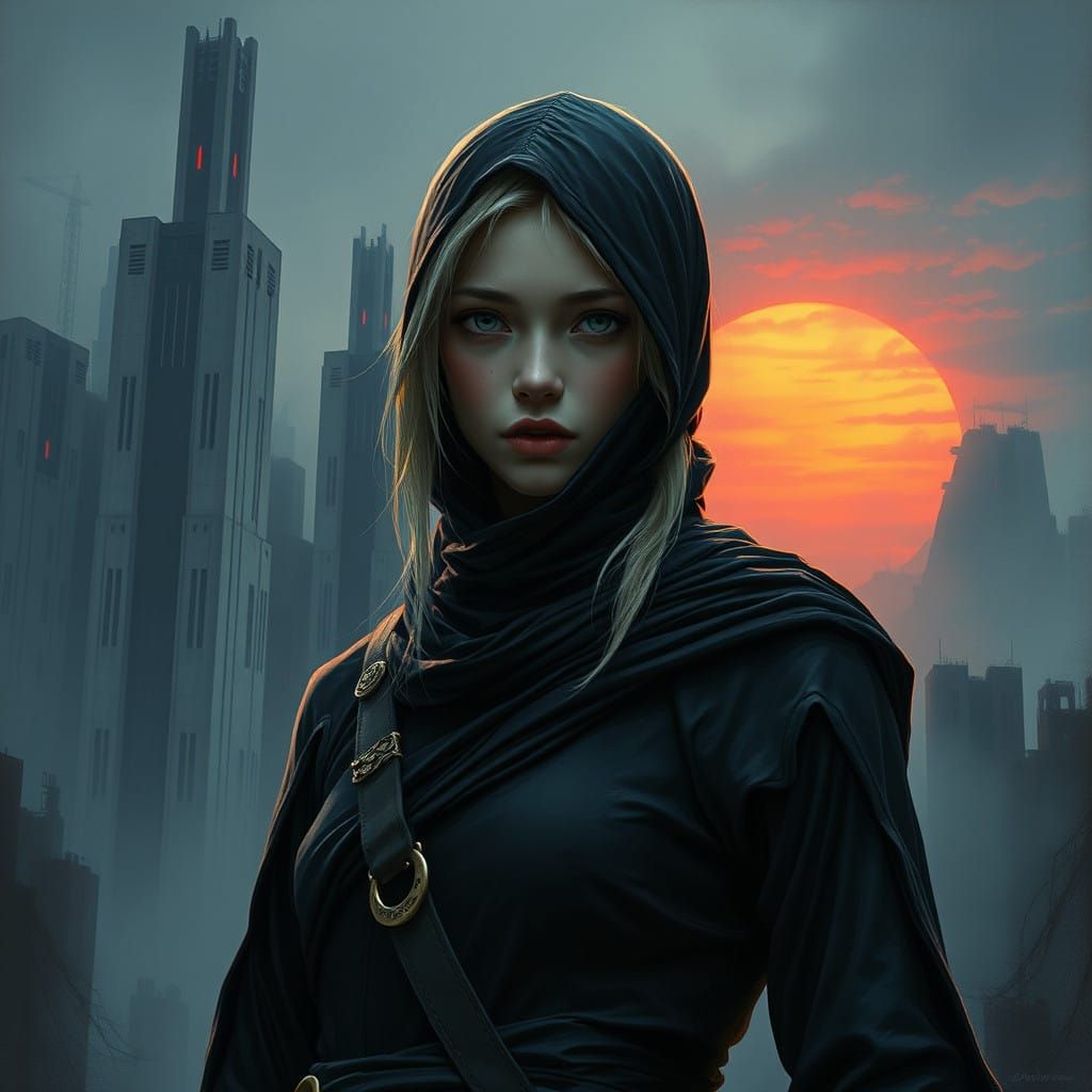 Dreamlike Dystopian Assassin Amidst Brutalist Mega-Structure...