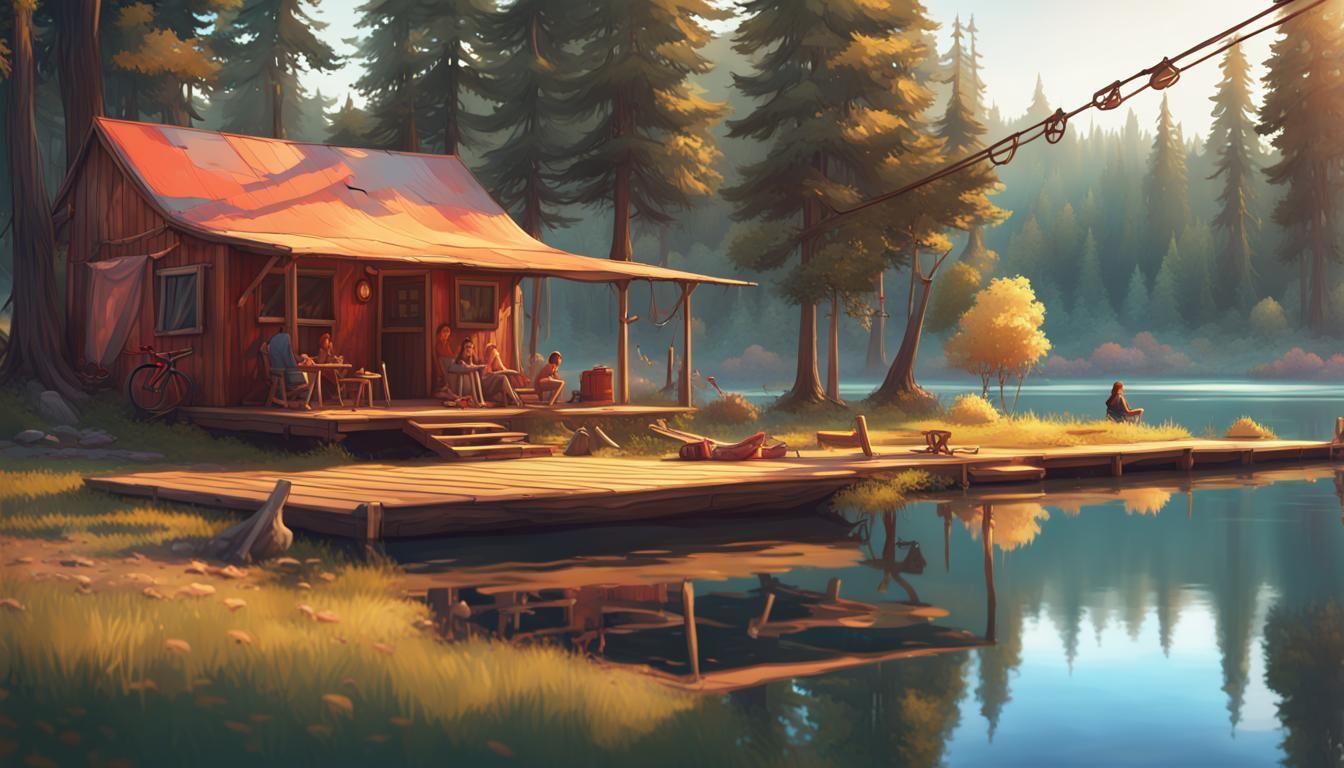 Summer Camp Lake Portrait in Hyperdetailed Style