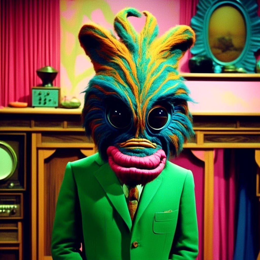 Surreal Sitcom Creature in 70s Technicolor Style