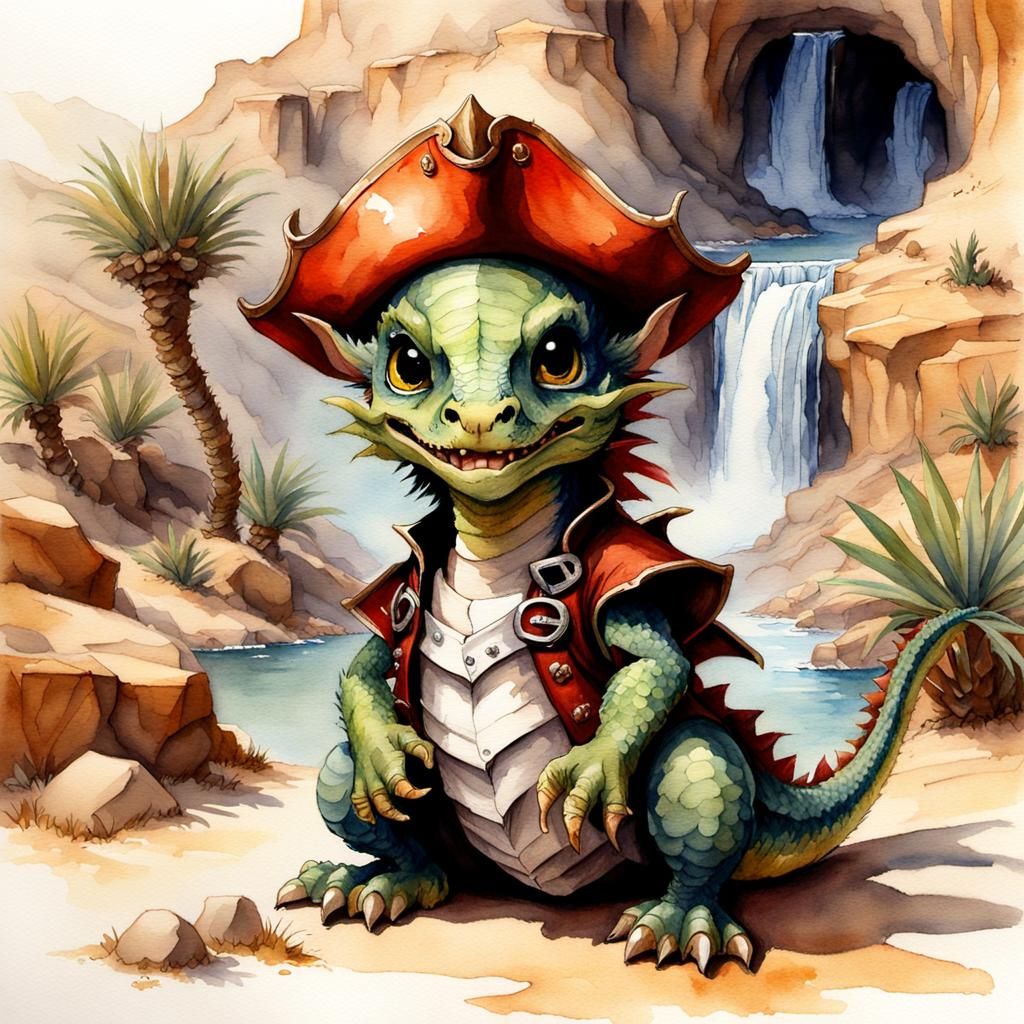 Baby Pirate Dragon in Desert Watercolor Painting