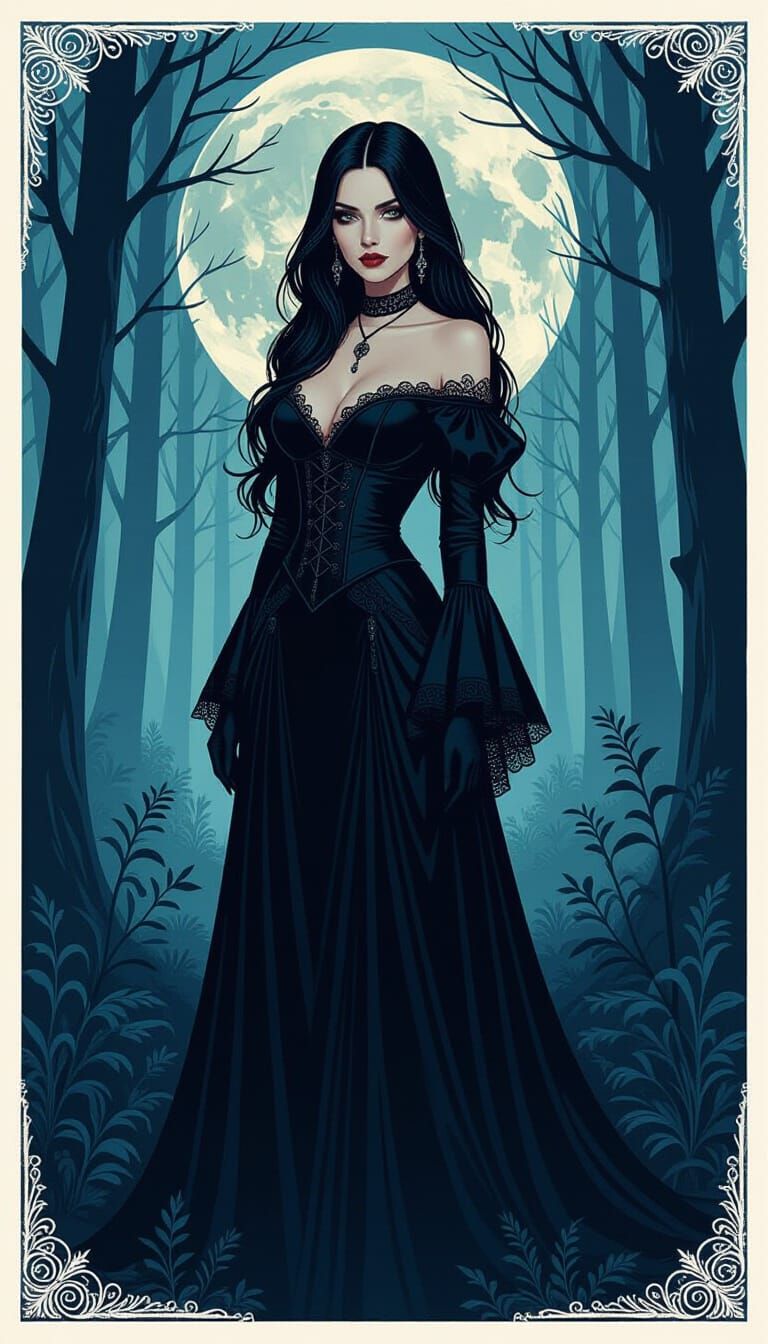 Gothic Woman in Moonlit Forest, Dark Fantasy Aesthetic