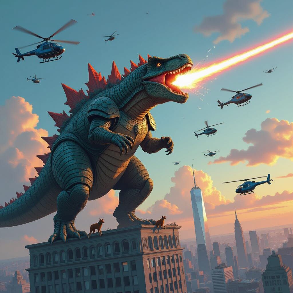 King Dinosaur Victorious on Skyscraper with Laser