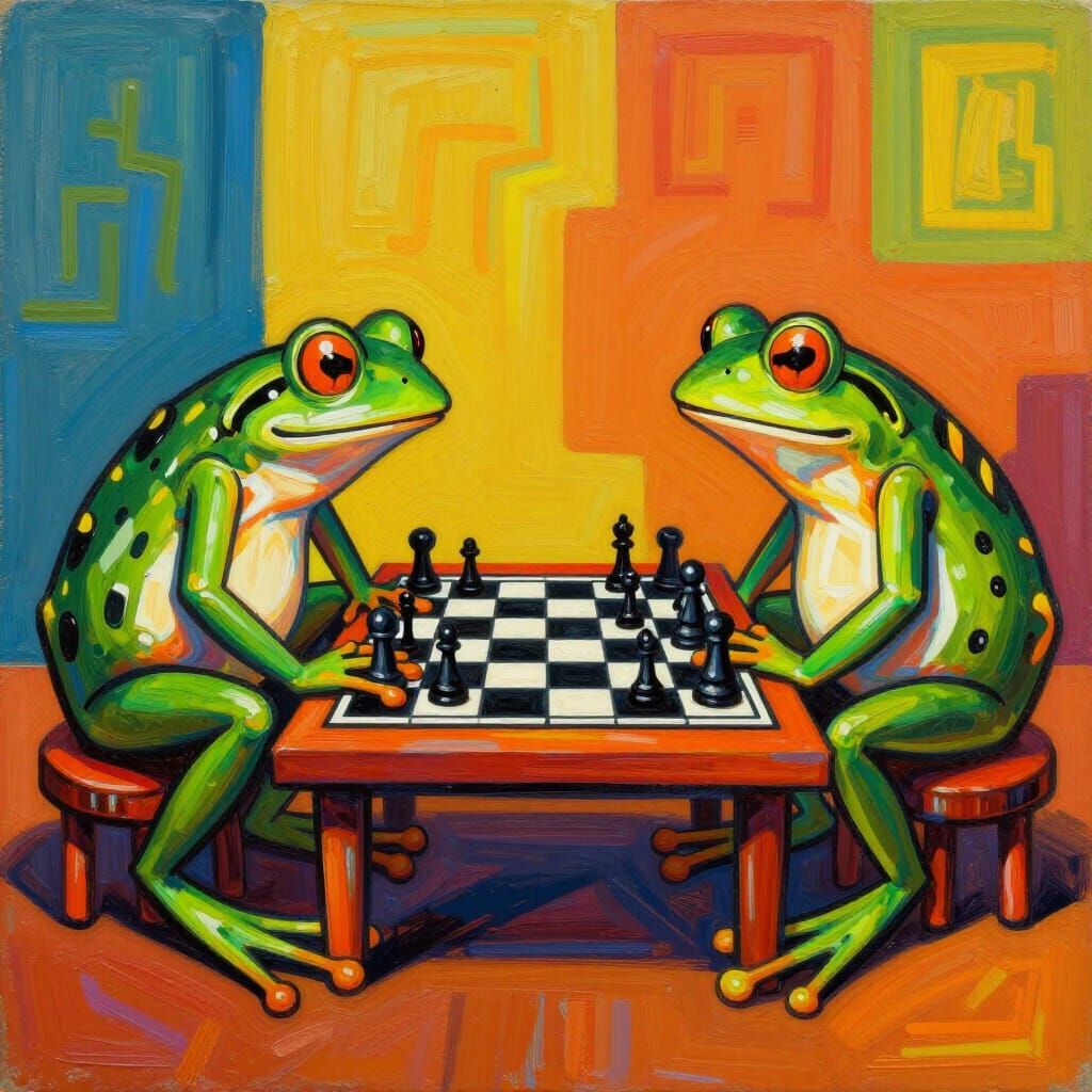 Frogs Play Chess in Bold Neo-Expressionist Style