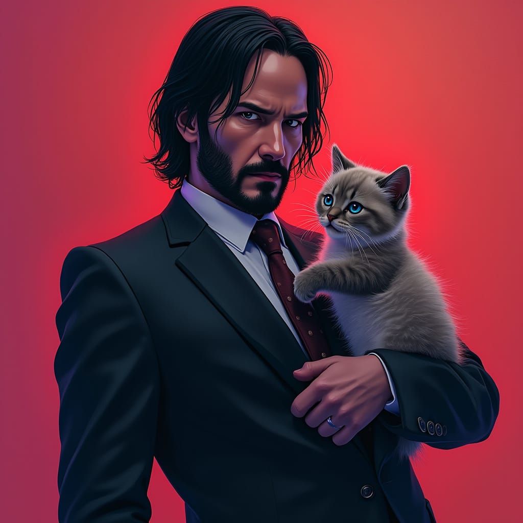 John Wick Cradles Kitten in Hyperrealistic Style