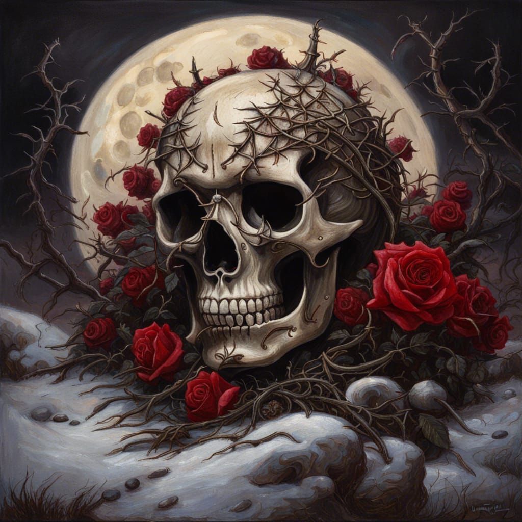 Gothic Skull in Snow with Roses Oil Painting